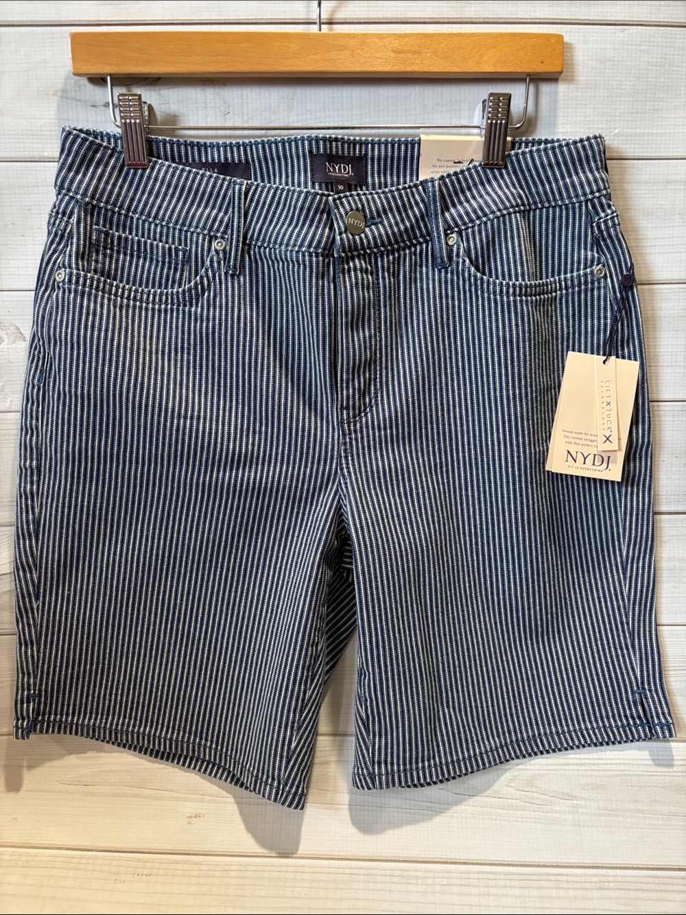 NYDJ Blue and White Pinstripe Bermuda Jean Shorts
